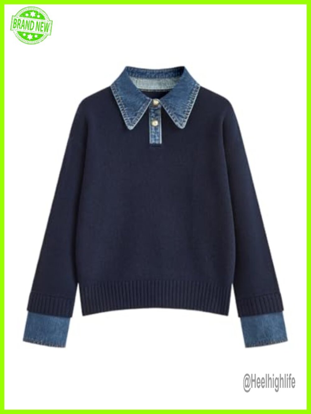 Oversized Long Sleeve Sweater with Denim Panel Polo Collar Knit Pullover